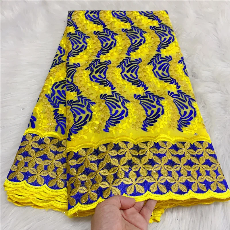 

5 Yard Swiss Fabric Latest Heavy Beaded Embroidery African 100% Cotton Voile Lace Popular Dubai Style For wedding Party