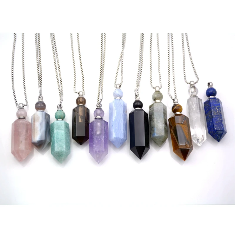 

Natural Gemstone Hexagon Prism Bottle Pendant Smoky Quartzs Magical Medicine Bottle Necklace Silver Plated Vial Oils Diffuser