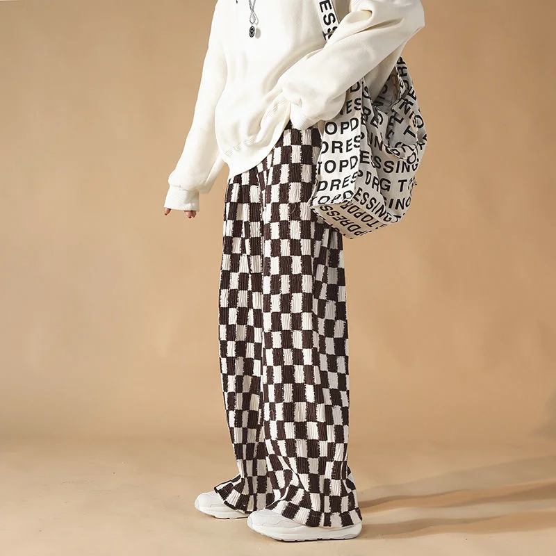 

Брюки мужские прямые с широкими штанинами, повседневные Модные уличные брюки, Свободные Комбинезоны, брюки с рисунком контрастный цвет клетчатый, весна