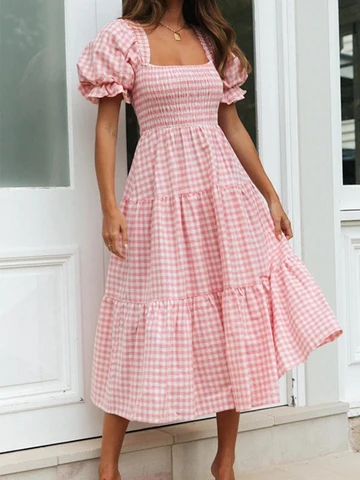 Plaid Long Dress Women Summer Square Collar Puffy Sleeve Lace-up Midi Dress Female Vintage Fashion Casual Party Dress 2023