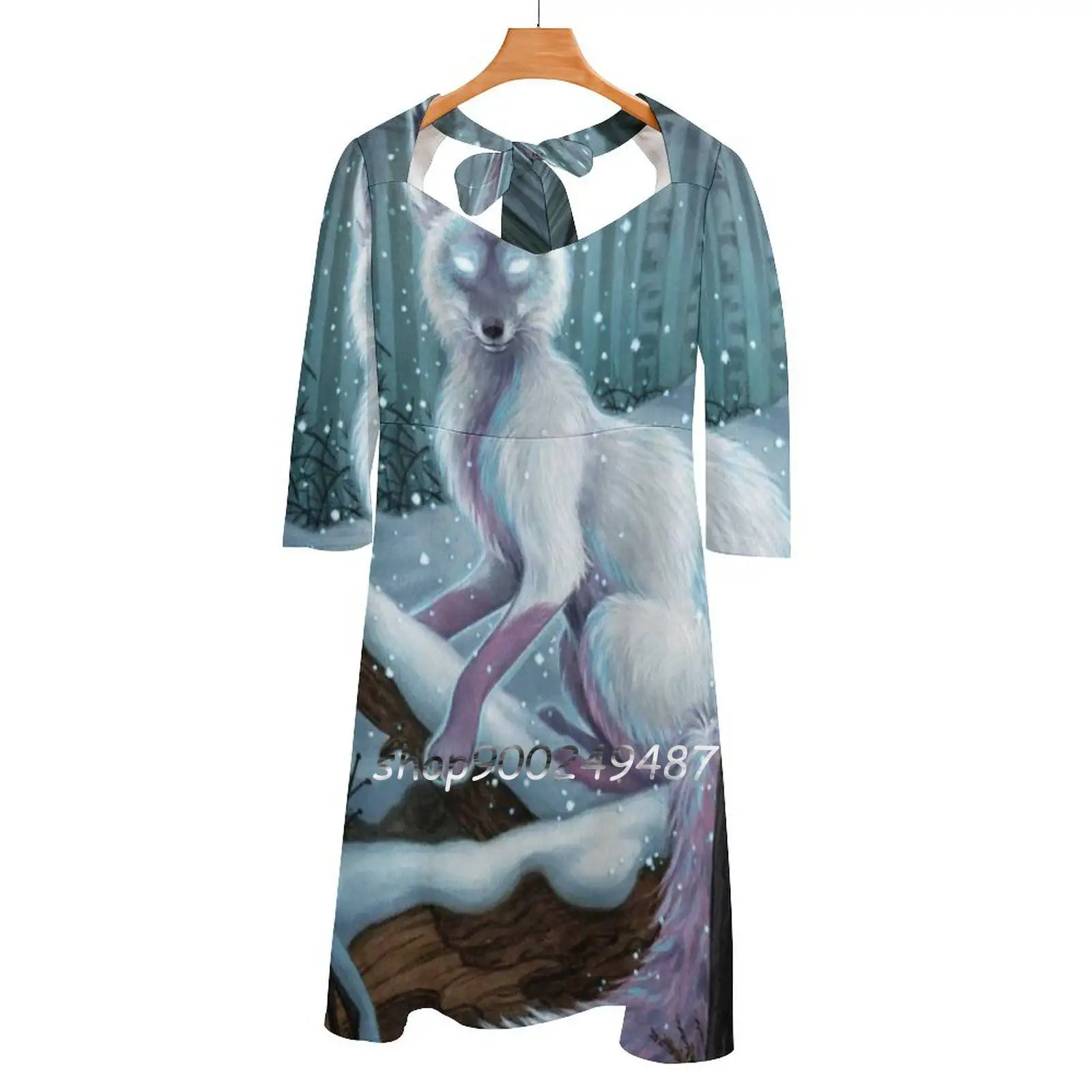 

Зимние вечерние платья Spirit, сексуальное платье средней длины, женское милое цельнокроеное платье, корейский стиль, лиса, снег, лиса, зимняя м...