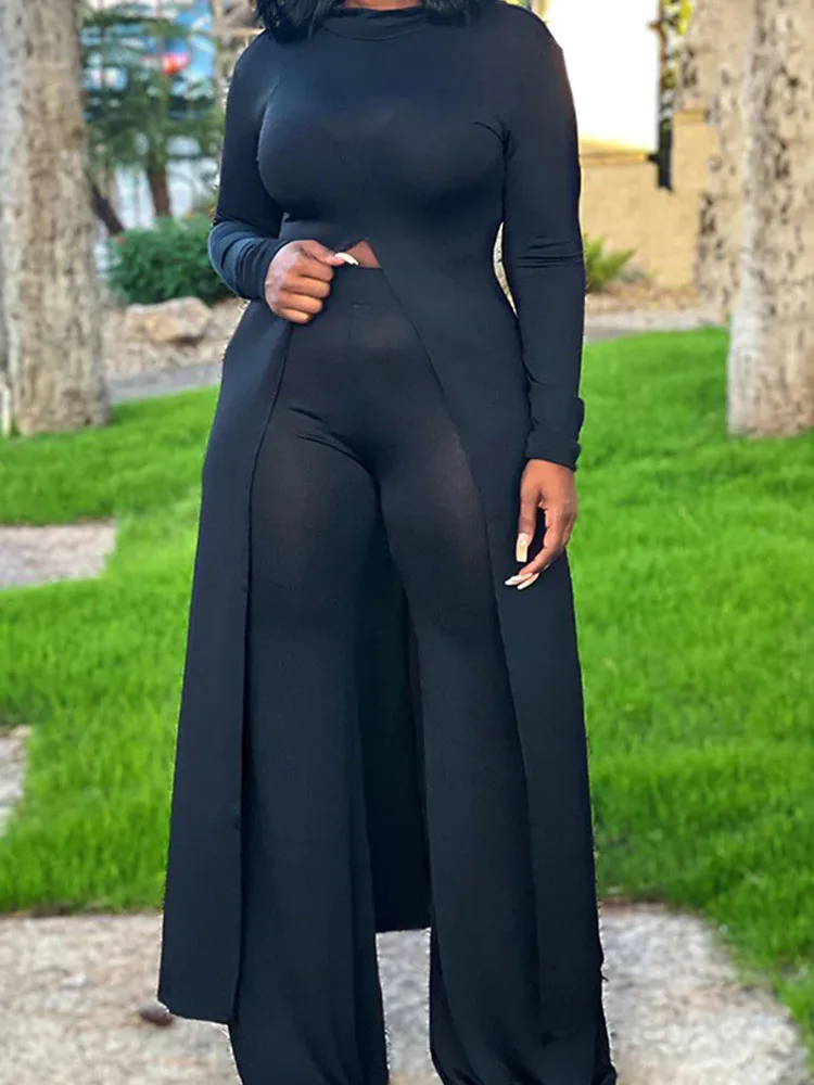 

Женский однотонный Повседневный брючный костюм, уличный комплект из двух предметов, длинное пальто с длинным рукавом и О-образным вырезом и брюки с широкими штанинами, Осень-зима