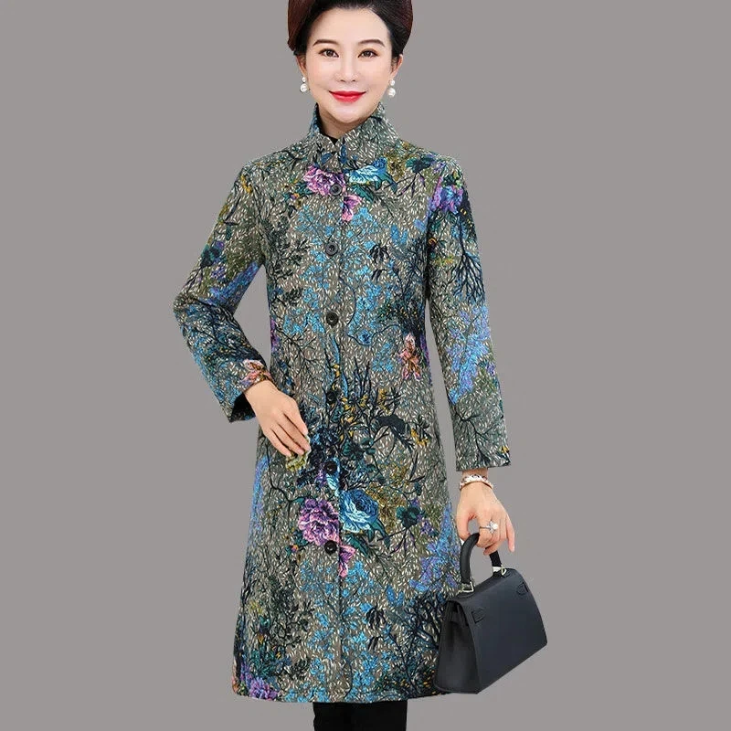 

7XL Mid-Aged And Elderly Women's Winter Coat 2022 New Mother's Padded Jacket Print Stand Collar Mid-Length Ethnic Style Thick Wa