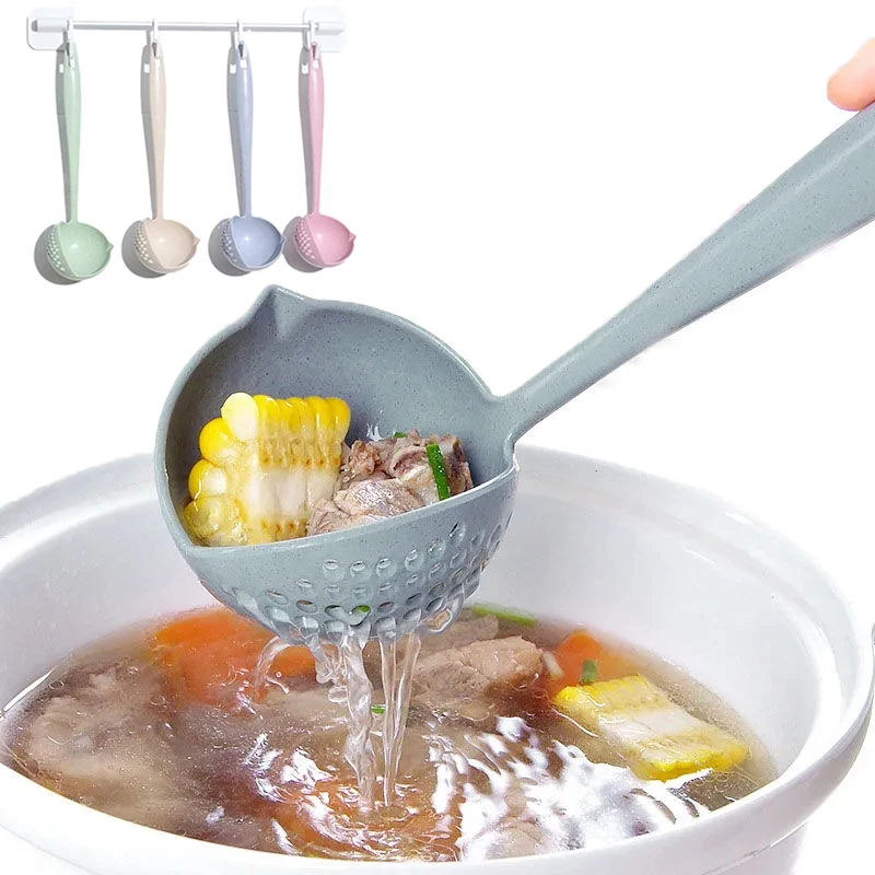 

2 In 1 Soup Spoon Plastic Filter Spoon Long Handle Heating Safe and Easy Cleaning Cooking Spoon Multifunctional Kitchen Cutlery