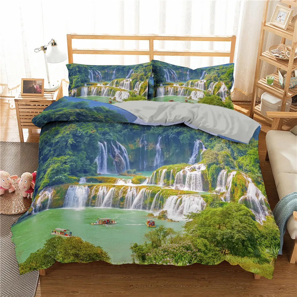 

3D Polyester Landscape Forest Waterfall Print Queen King Full Single Bedding Set Polyester Duvet Cover Natural Scenery Pattern