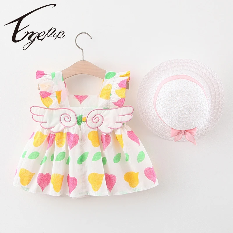 

Fashion 2022 Summer Kids Baby Girls Strawberry Wing Toddler Dresses+Hat 2pcs Newborn Baby Kids Girls Dress Sleeveless Dress