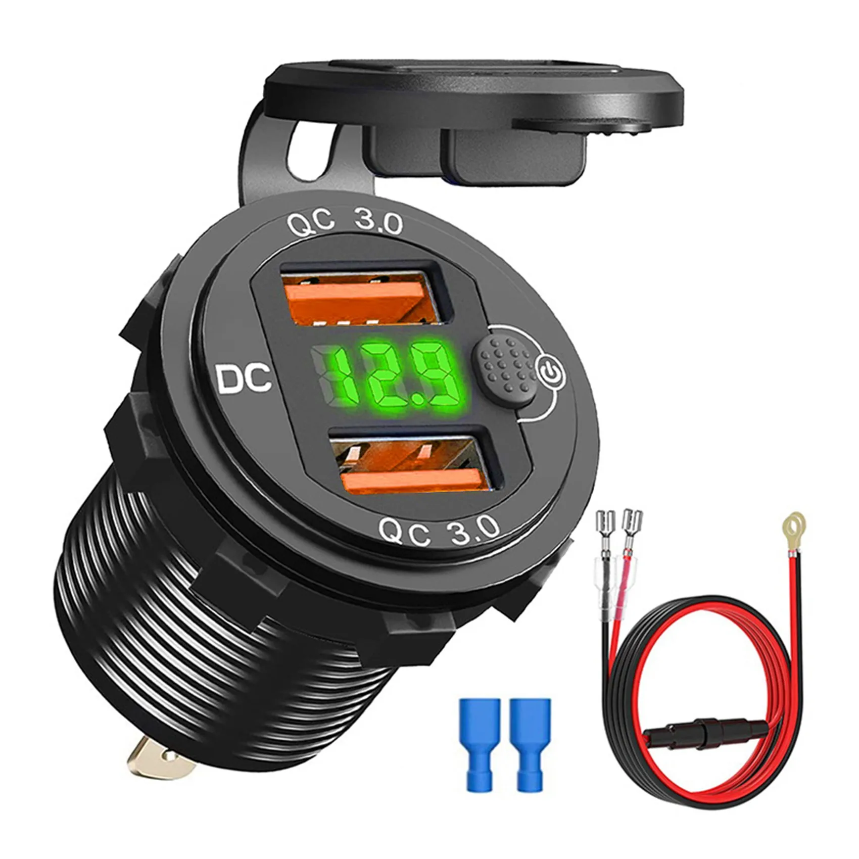 

QC3.0 Car Dual USB Port Charger Socket 12V/24V 36W Quick Charge with Voltmeter Switch for Marine Motorcycle Boat B