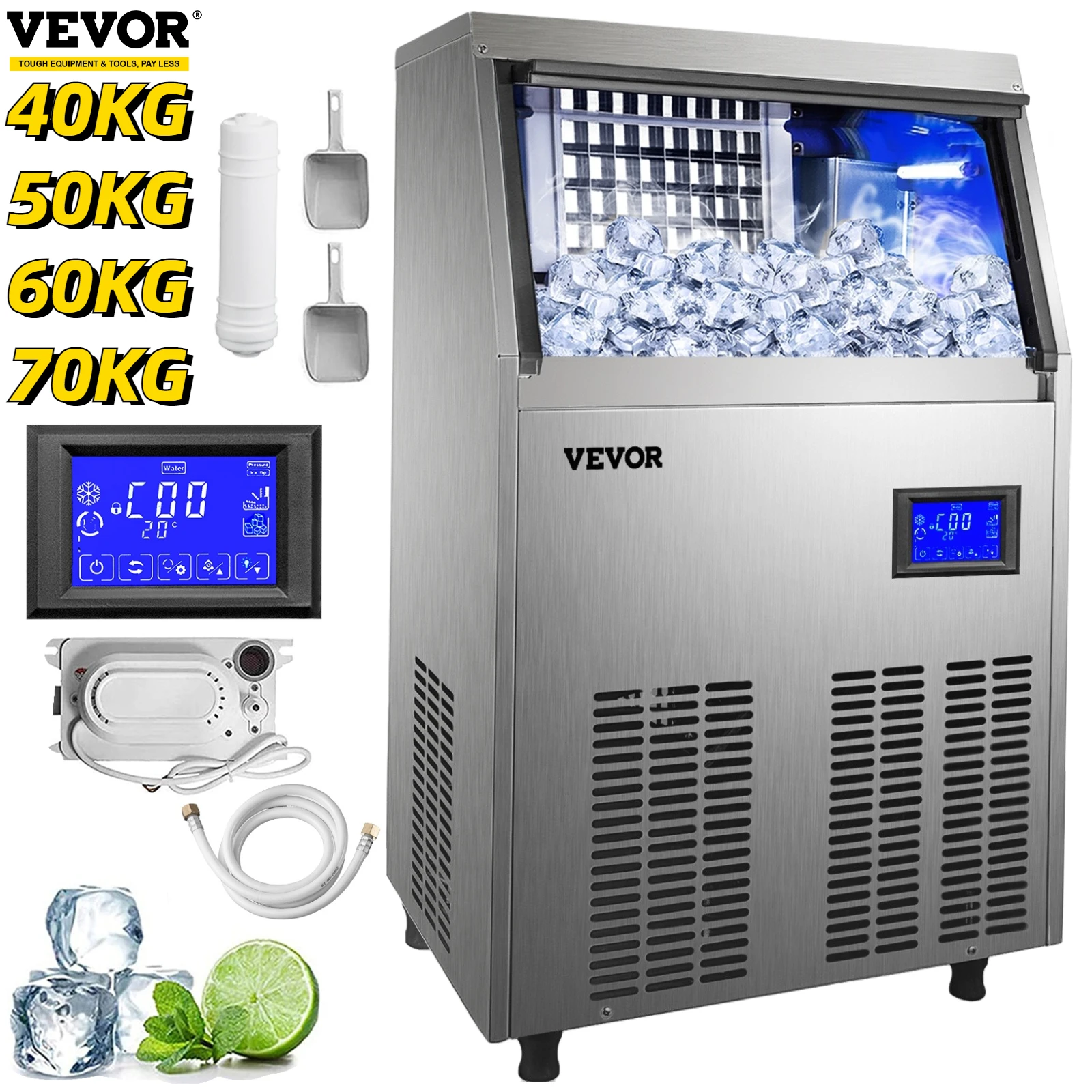 

VEVOR Commercial Cube Ice Maker with Water Drain Pump 40/50/60/70 KG/24H Freestanding Auto Clean Liquid Freezer Home Appliance