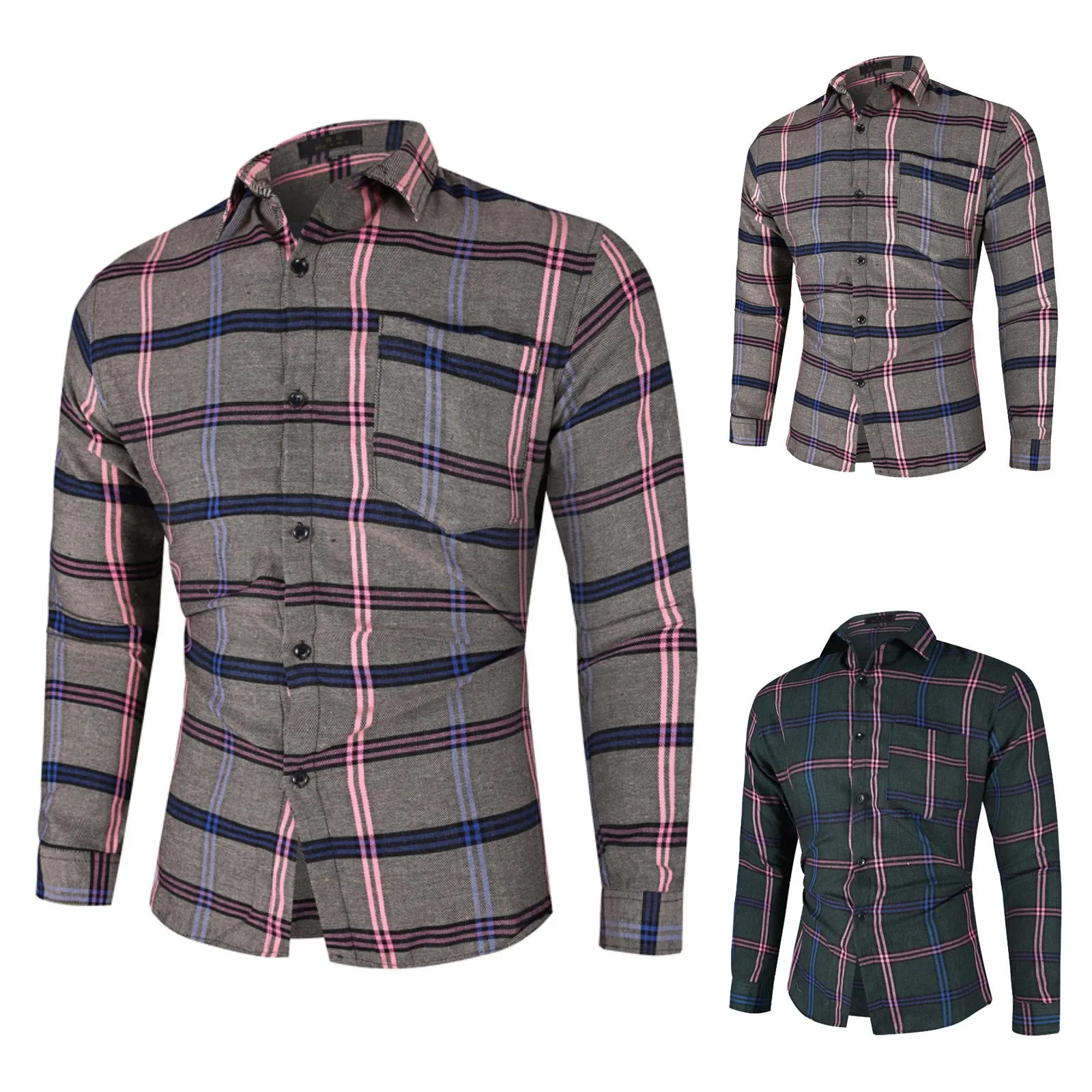 

Men's Autumn And Winter Casual Color Plaid Single-breasted Slim Fit Long-sleeved Shirt With Single Pocket Clothes Men