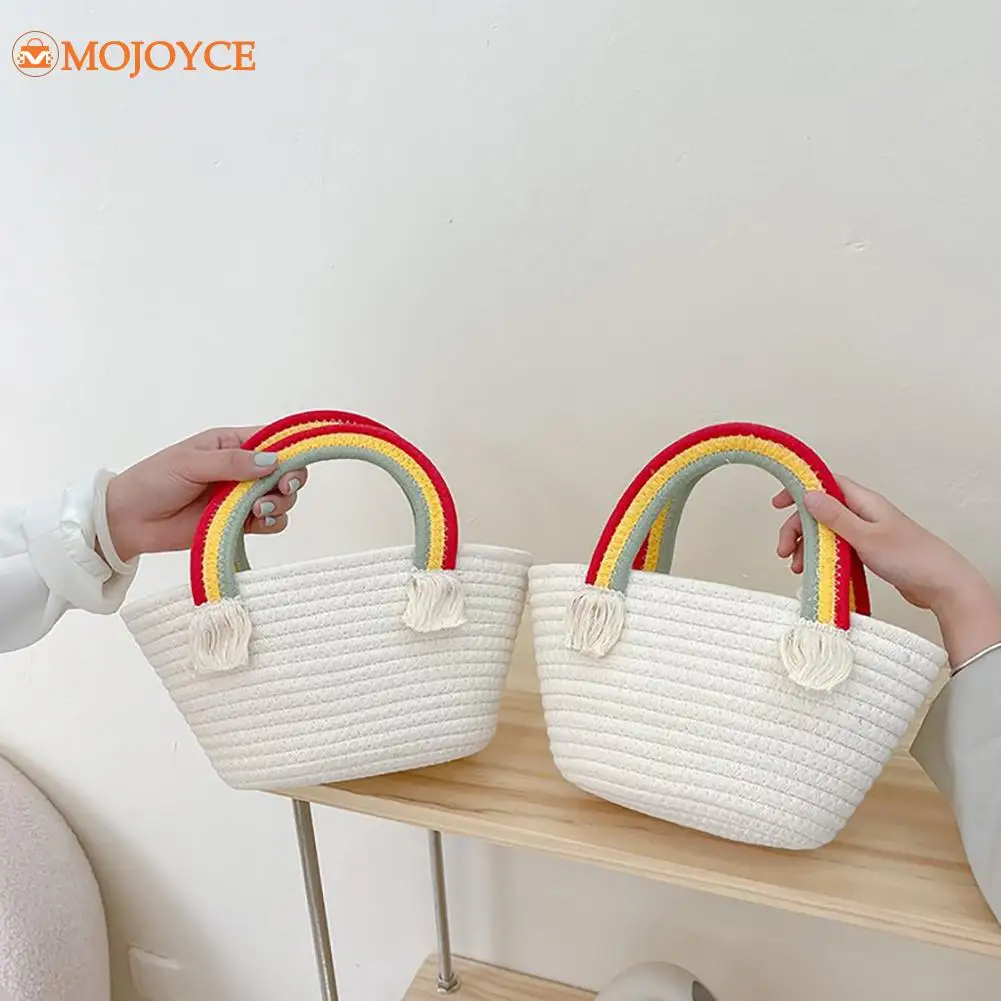 

Cute Rainbow Cloud Mini Handbag Cotton Rope Female Seaside Beach Small Basket Mobile Phone Snack Summer Bag