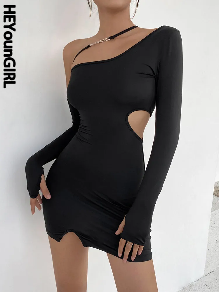 

Осеннее сексуальное облегающее платье HEYounGIRL с вырезами на одно плечо, вечерние мини-платья с длинным рукавом и открытой спиной, Женская Пов...