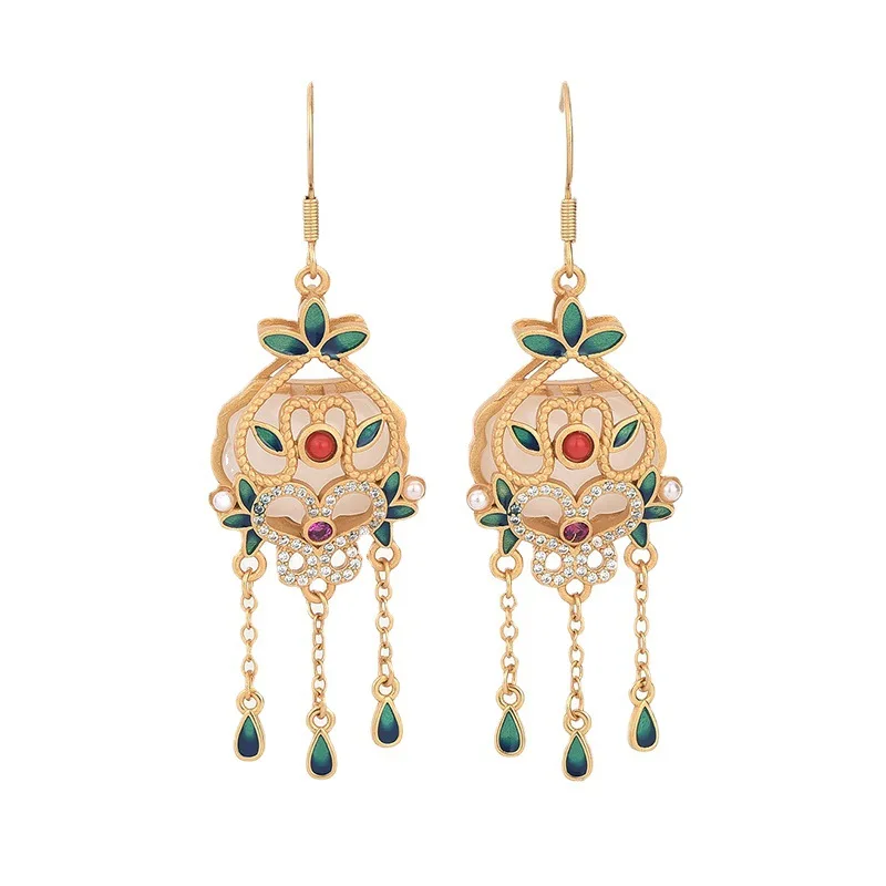 

Palace Vintage Ethnic Tassel Earrings for Women Green Water Drop Stone Flower Dangle Earring Chinese Fashion Jewelry Wholesale