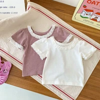 2022 summer new baby short sleeve t shirts sweet girls puff sleeve tops solid infant lace shirts cotton baby girl tops