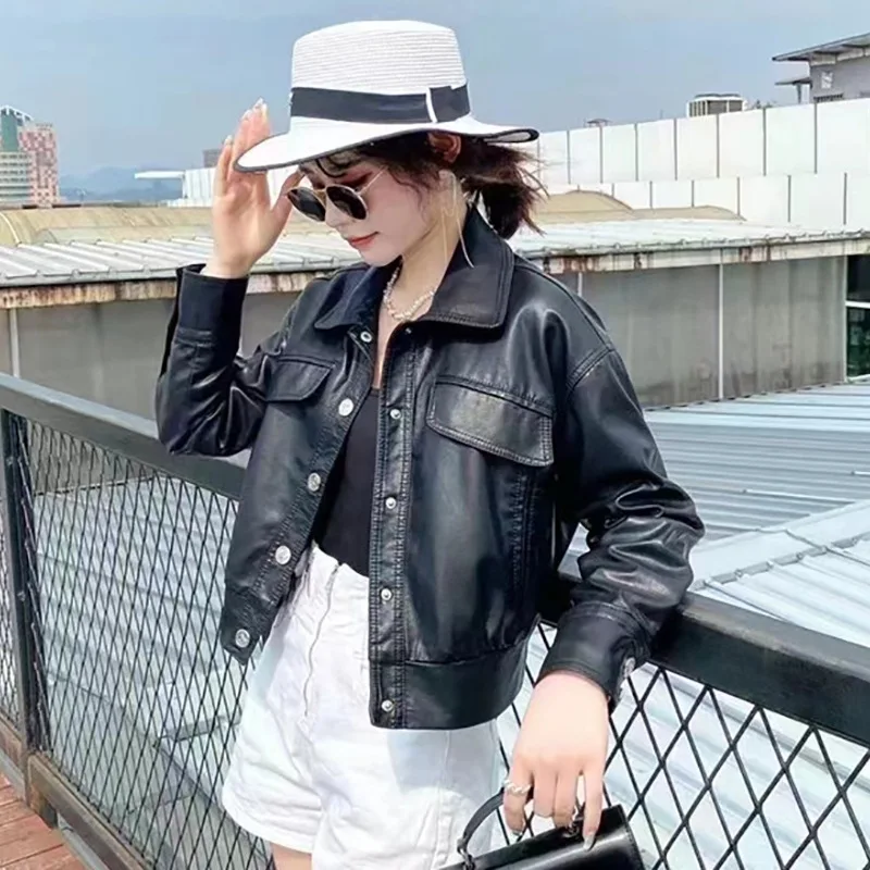 Повседневная женская кожаная куртка 2023 новый стиль весна-осень корейская версия