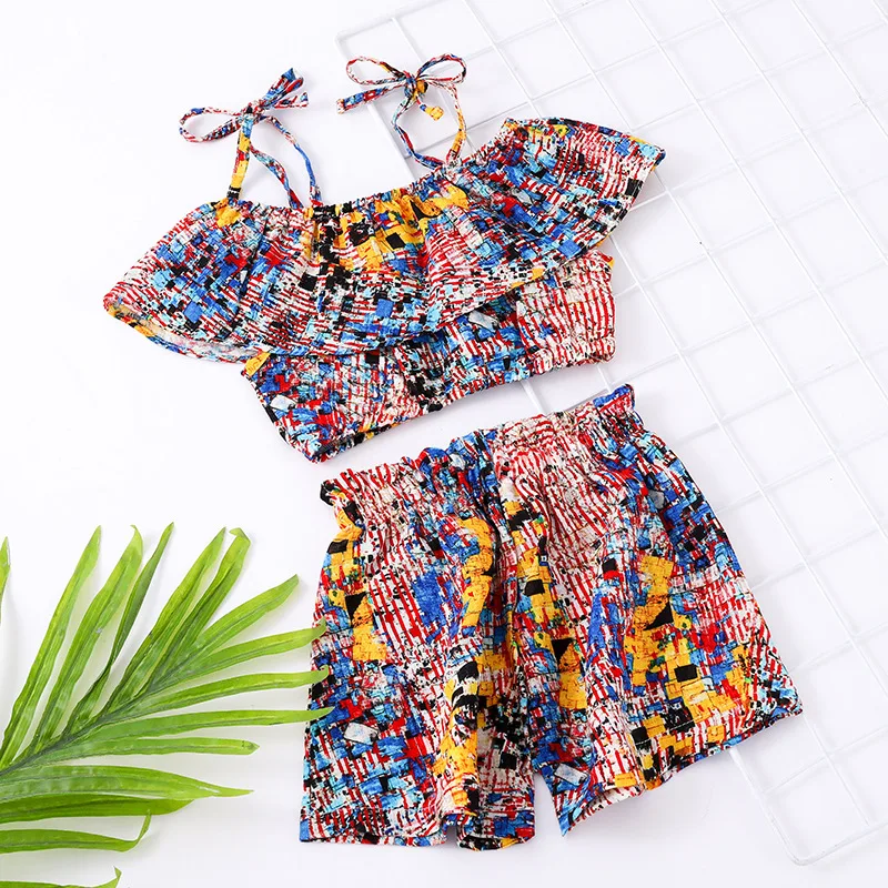 

Summer new girls linen print suspenders short top + shorts two-piece girls suit