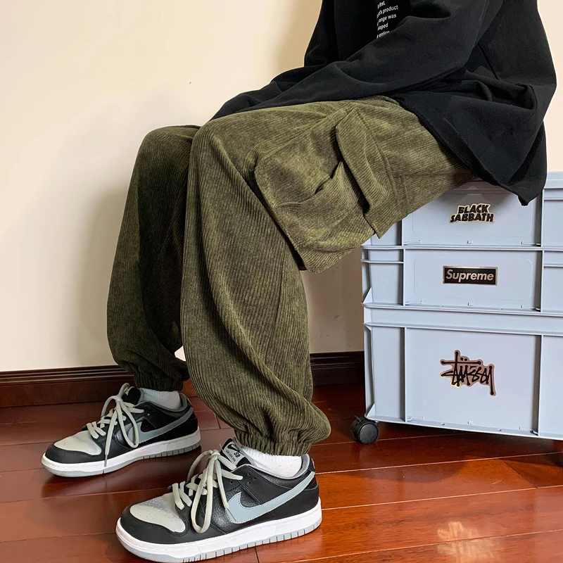 

Men's Casual Lace Up Corduroy Pants Big Pocket Traight Leggings Fashion Ladies Cargo Pants Loose Plus Size High Quality Clothing