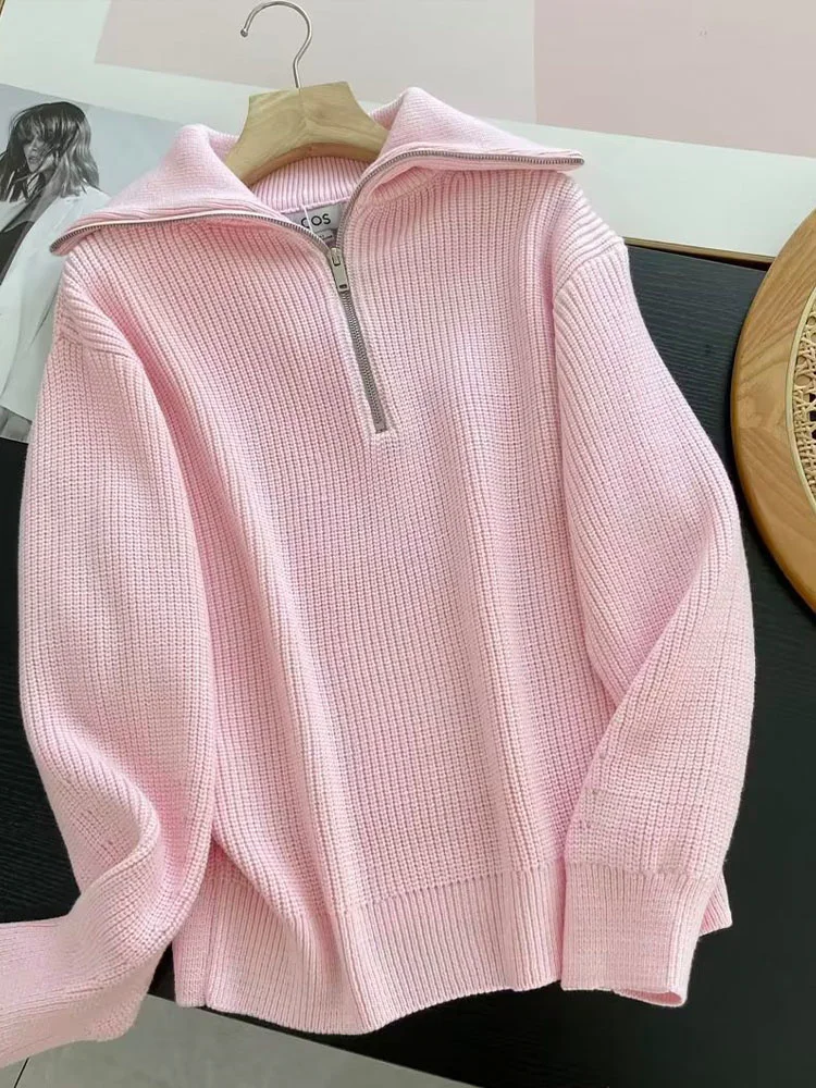 

Women 2023 Summer New Fashion Pink Half Zip Long Sleeve Sweater Chic High Neck Loose Knitted Casual Pullover Mujer
