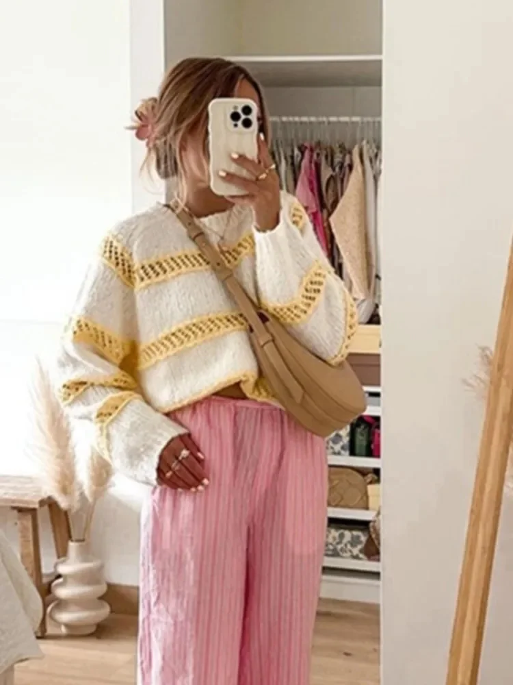 

Contrast Color Knitted Hollow Out O-neck Women Pullover Long Sleeve Loose Casual Sweater 2023 Autumn Chic Elegant Basic Knitwear