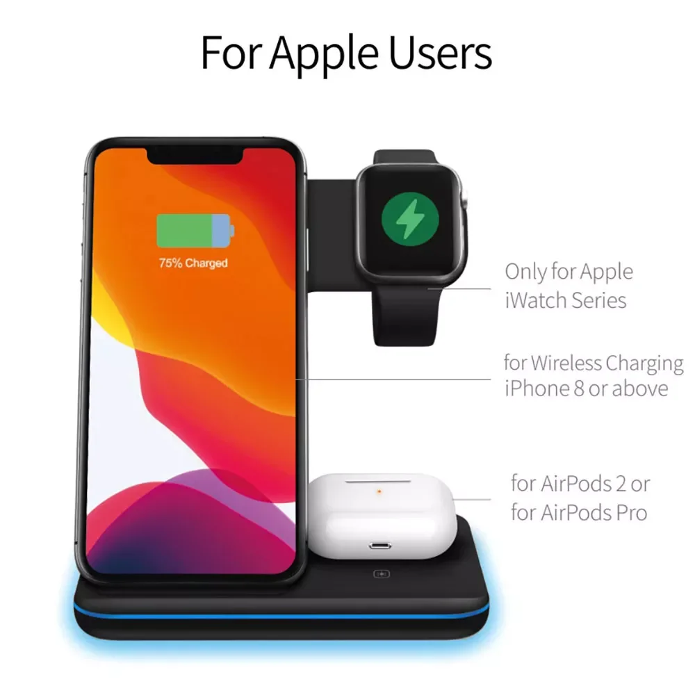 

Для iPhone 13 12 11 XS XR X 8 Apple Watch 7 6 SE Airpods Pro Pad док-станция 15 Вт 3 в 1 Быстрая Зарядка Qi Беспроводная зарядная подставка
