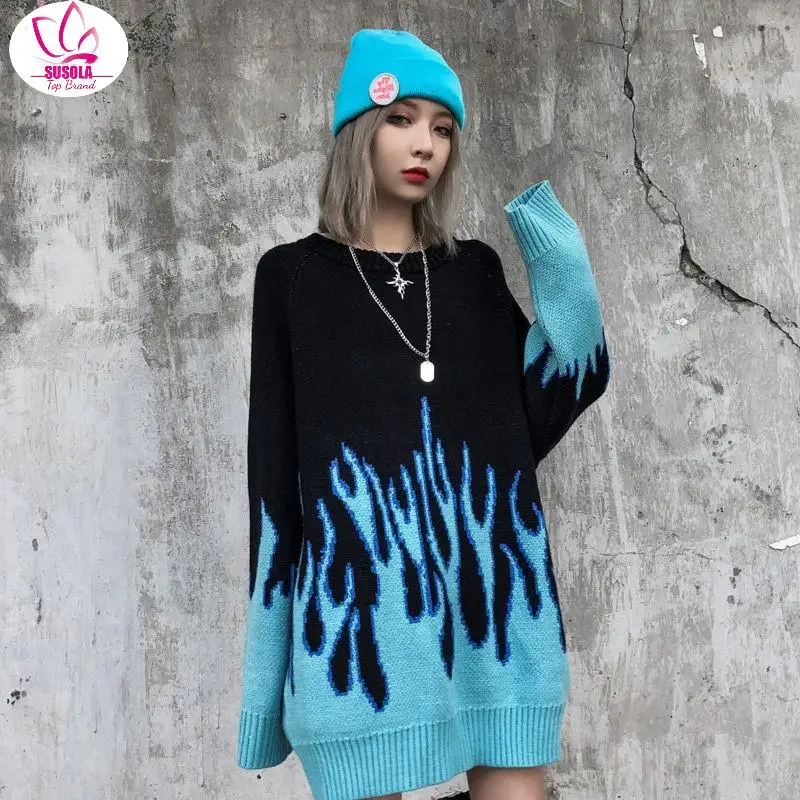 

SUSOLA Lady New Sweater Female Hip-hop Style Flame Jacquard Women's Sweater Traf Couple Pullover Knit Top Loose Men's Sweater