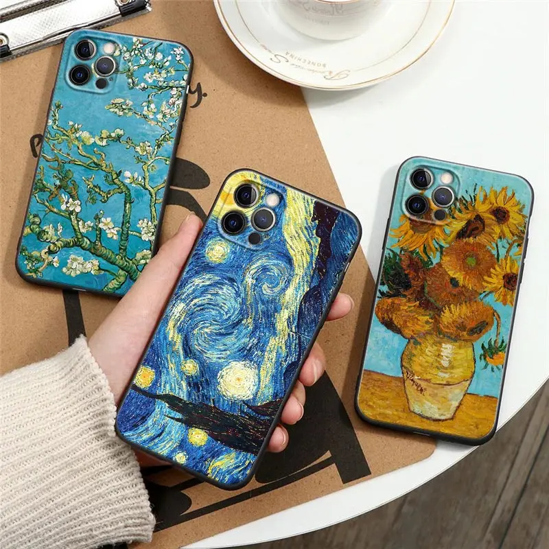 

Van Gogh Painting Case for IPhone 12 11 13 14 Pro Max XS X 8 7 Plus Cover Starry Sunflower Almond Blossoms Cafe Terrace at Night