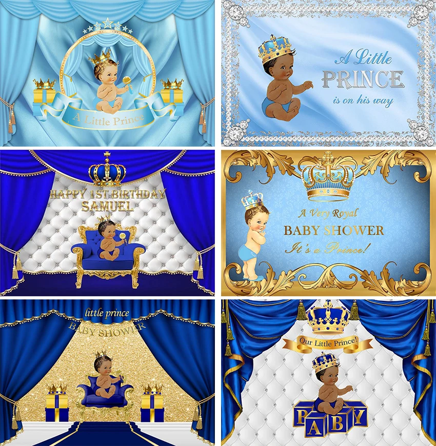 

Little Prince Royal Blue Baby Shower Backdrop Black Boy Gold Crown Photography Background Birthday Decoration Photobooth Props