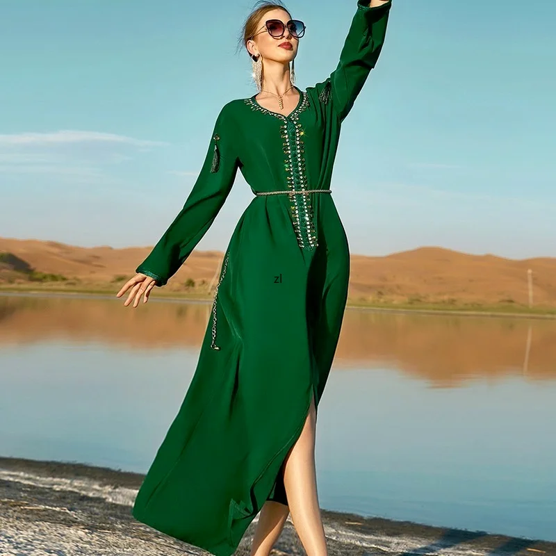 Moroccan Caftan Dubai Abaya Dresses Women Tassel Handsewn Diamonds Muslim Arab Saudi Jalabiya Robe Party Evening Gowns Kaftan