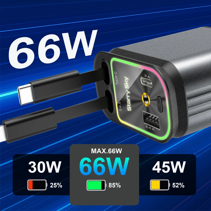 Выдвижное автомобильное зарядное устройство быстрое адаптер питания USB + PD30W для