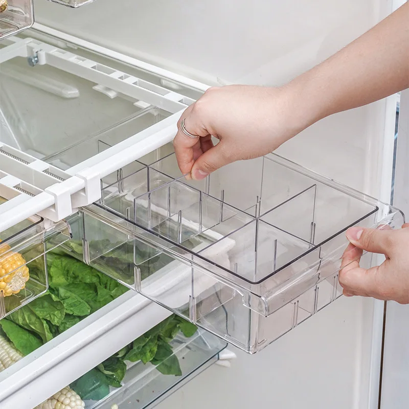 

PET Refrigerator Drawer Storage Box Non-grid 4-8 Grid Food Organizer Transparent Rectangular Storage Box