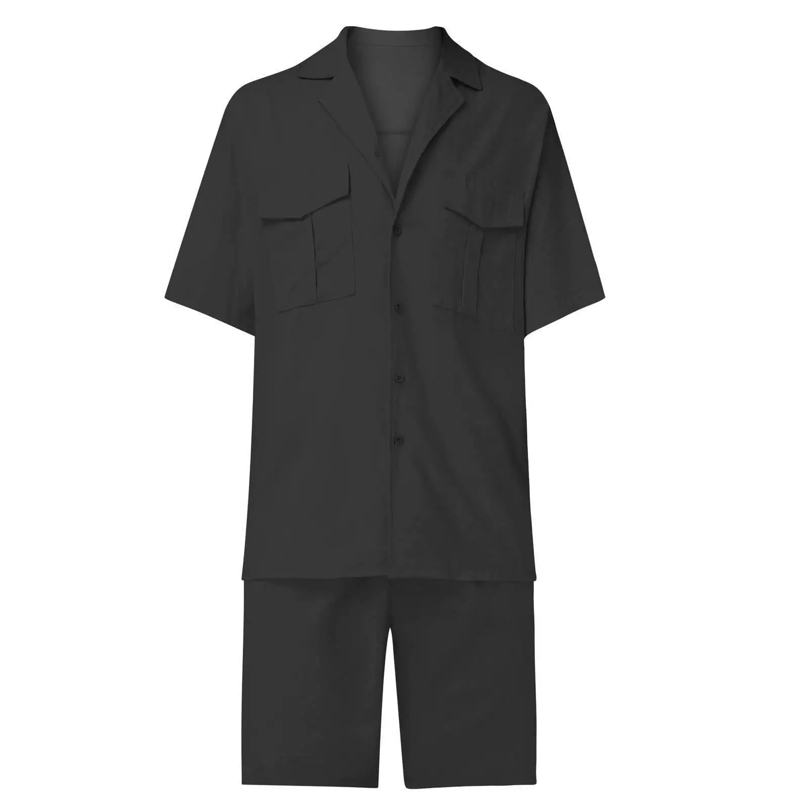 New Summer Men's Linen Short Sleeved Shirt Set Loose Casual Cotton Linen Cardigan Shirt+Shorts Two-Piece Set