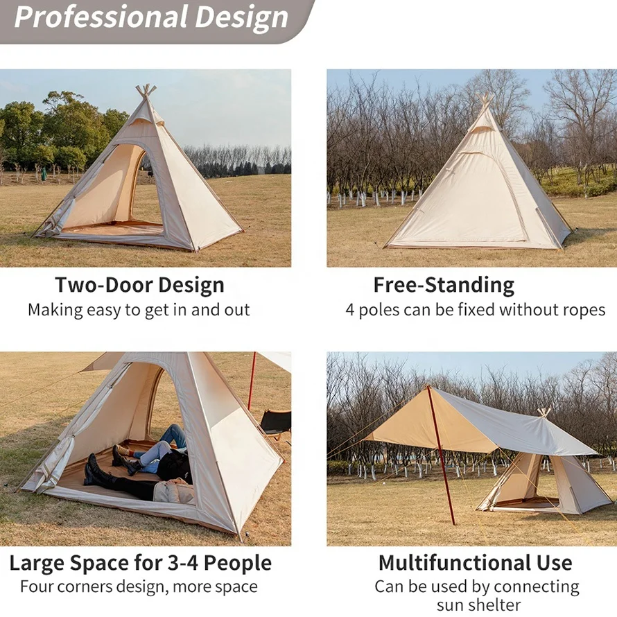AIMOYU Hot Sale 3-4 Persons Hiking Cotton Canvas Glamping Tent For Sale Large Luxury Family Teepee Tent Camping Outdoor Tents images - 6