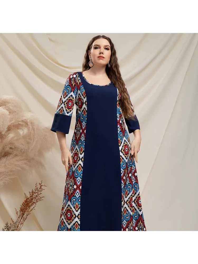 Plus-size new high-waist elasticated waist print dress women's color-block thin