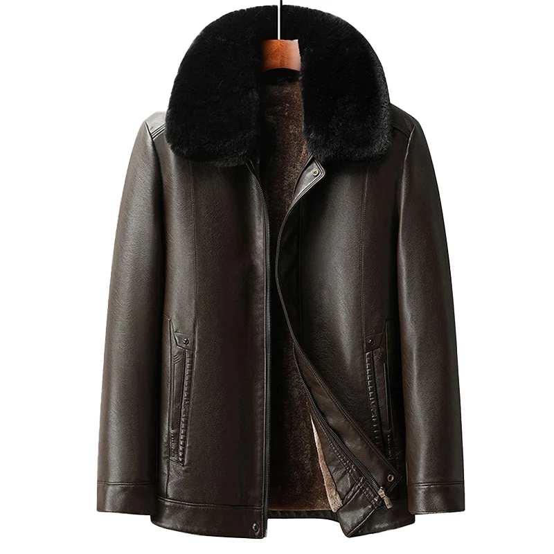 

Mens PU Leather Jacket 2023 Winter Casual Fur Collar Warm Fleece Lined Coat Fashion Full Zip Windproof Outwear Mens Clothing 6XL