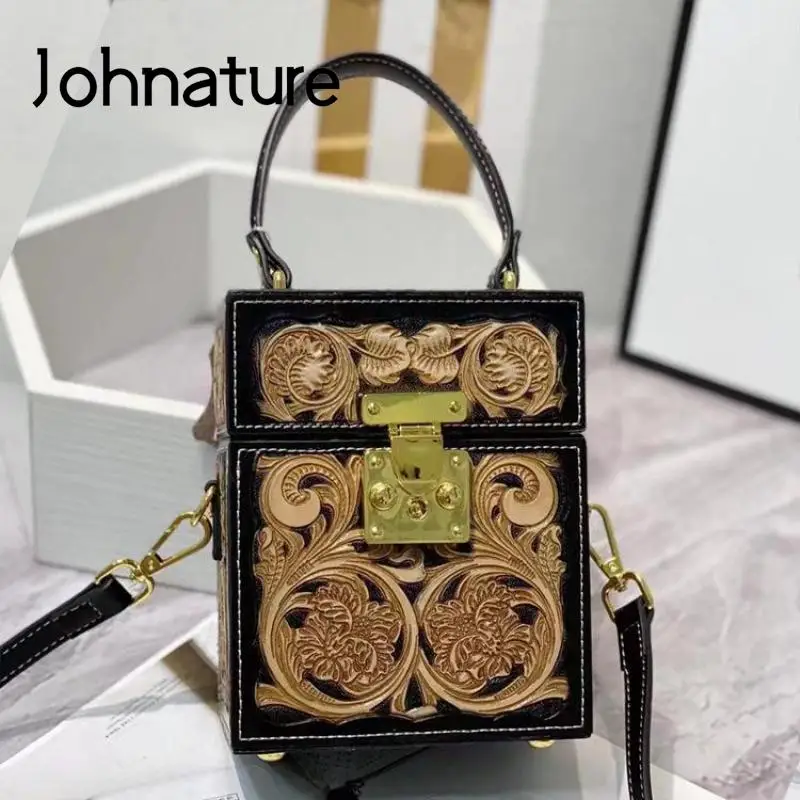 Johnature 2022 New Retro Leather Carving Women Bag Luxury Handbag Versatile Floral With Cheongsam Shoulder & Crossbody Bags