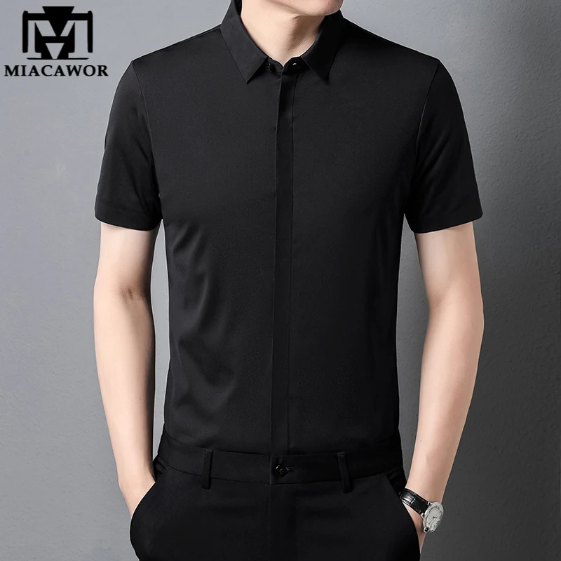 

Рубашка мужская с коротким рукавом, повседневная сорочка Slim Fit, однотонная блуза черного цвета, C920, на лето