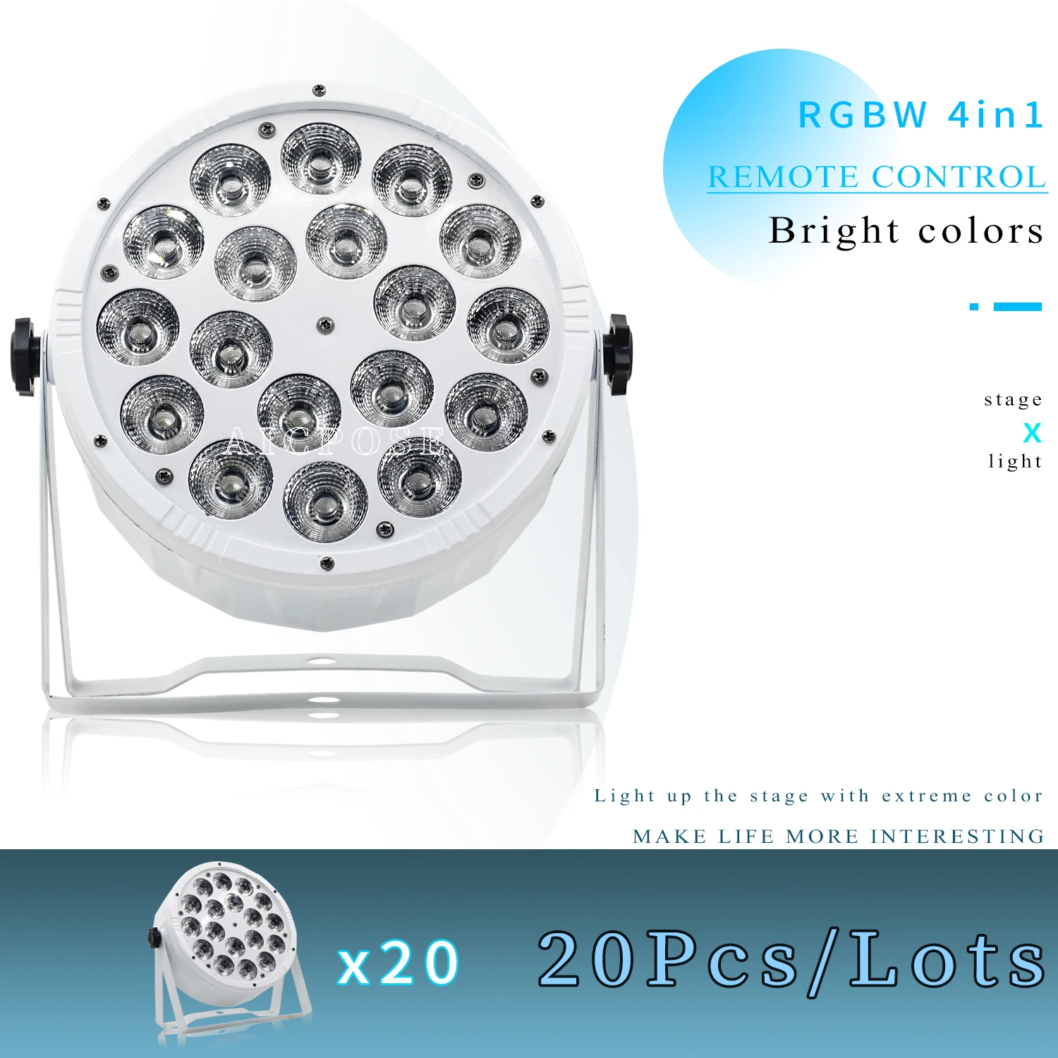 

20Pcs/Lots White 18x12W full color par light, RGBW full color 4 in 1, wireless remote control, suitable for wedding, party