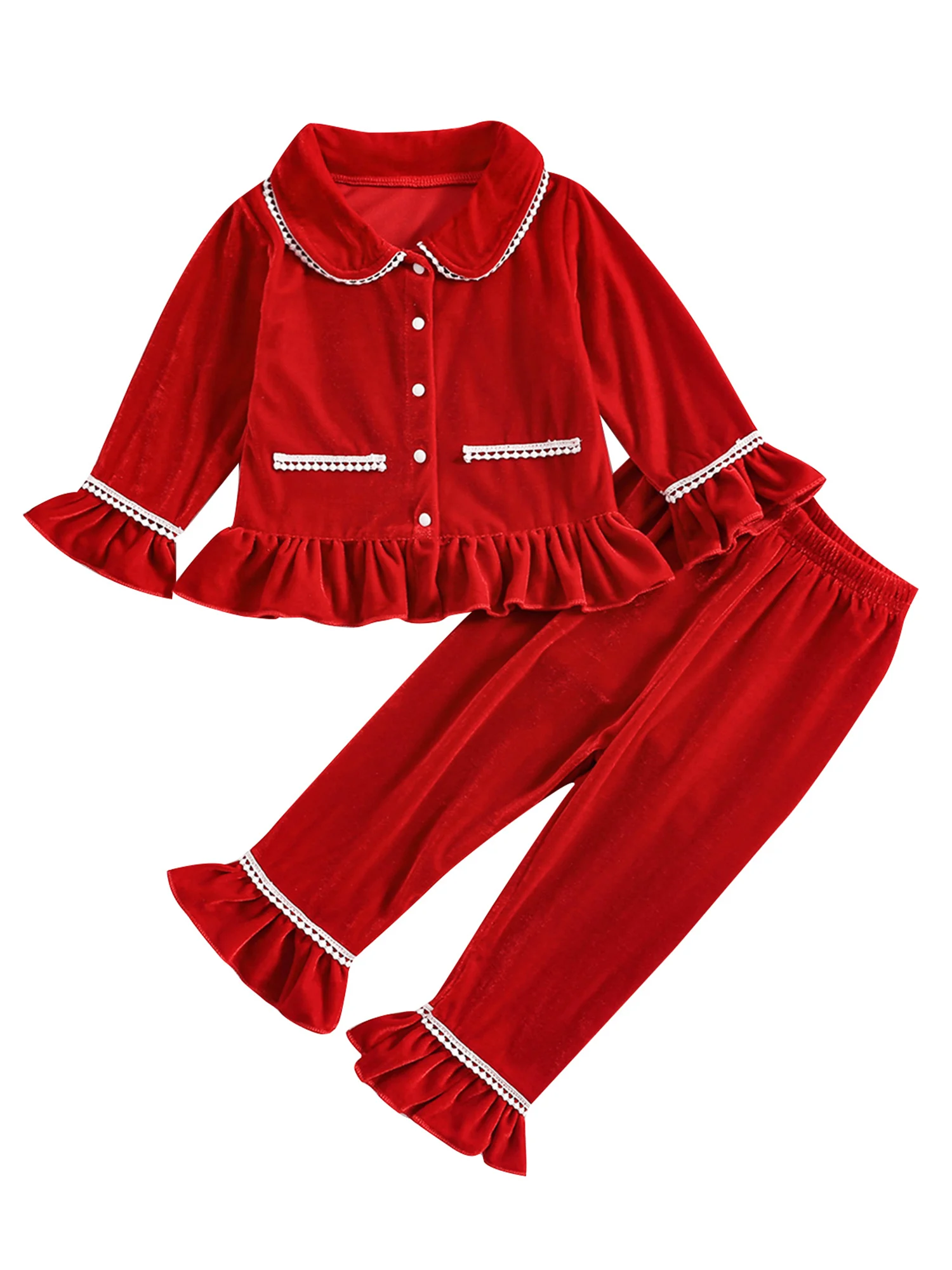 Детский бархатный пижамный комплект для девочек, Топ с длинным рукавом и кружевными пуговицами, штаны, комплект одежды