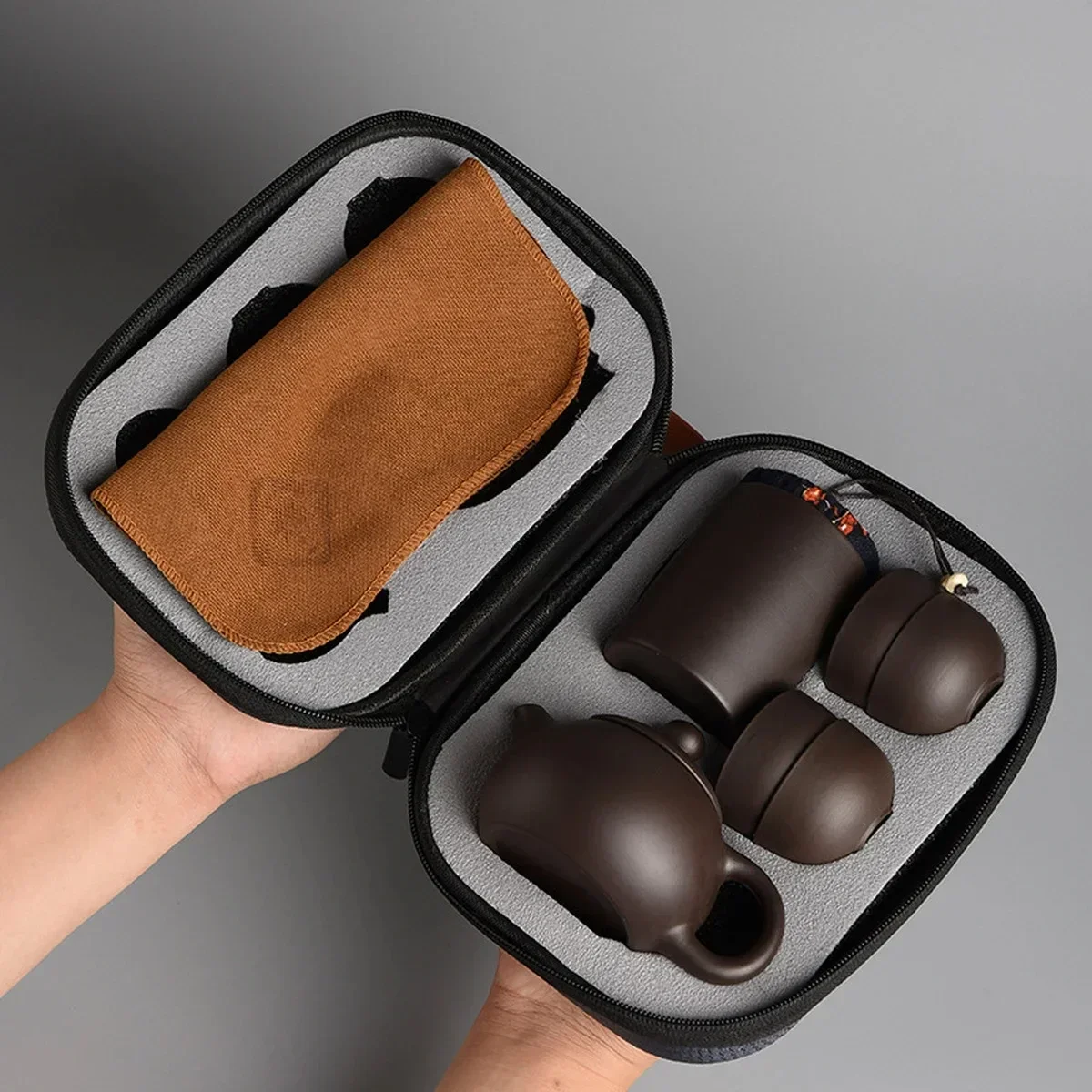 Portable Chinese Travel Tea Set Teapot Clay Ceremony Camping 4 Cups Zi Shi Ke Cup Pot