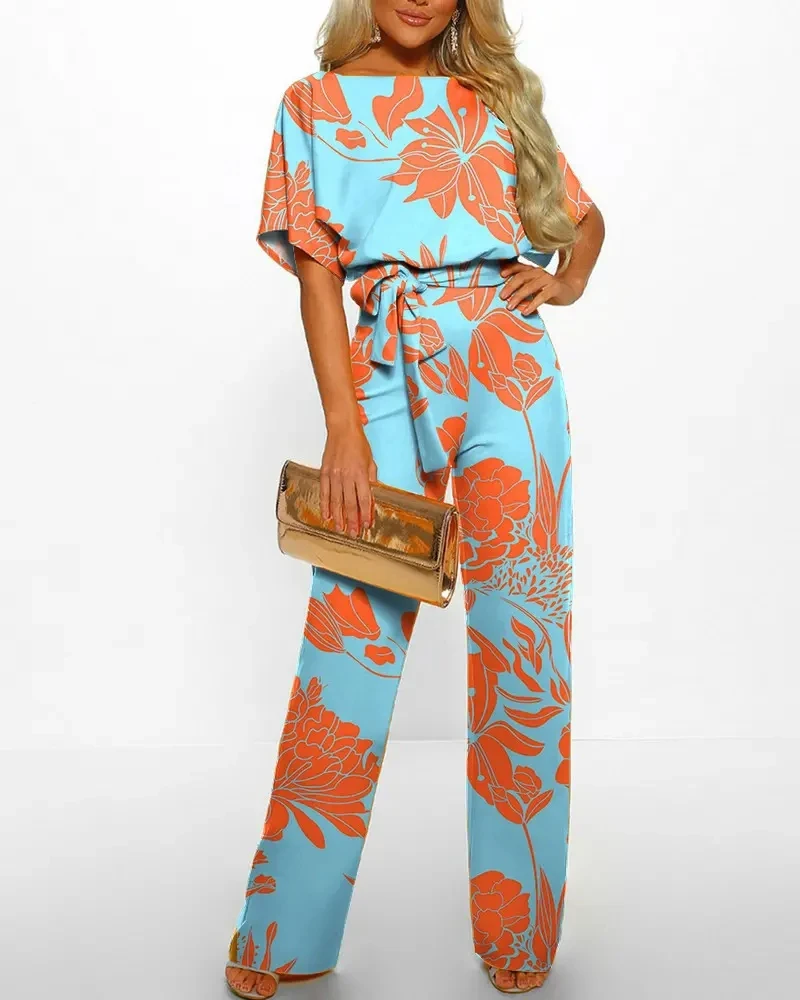 

Plants Print Batwing Sleeve Belted Jumpsuit Women Casual Jumpsuit Summer