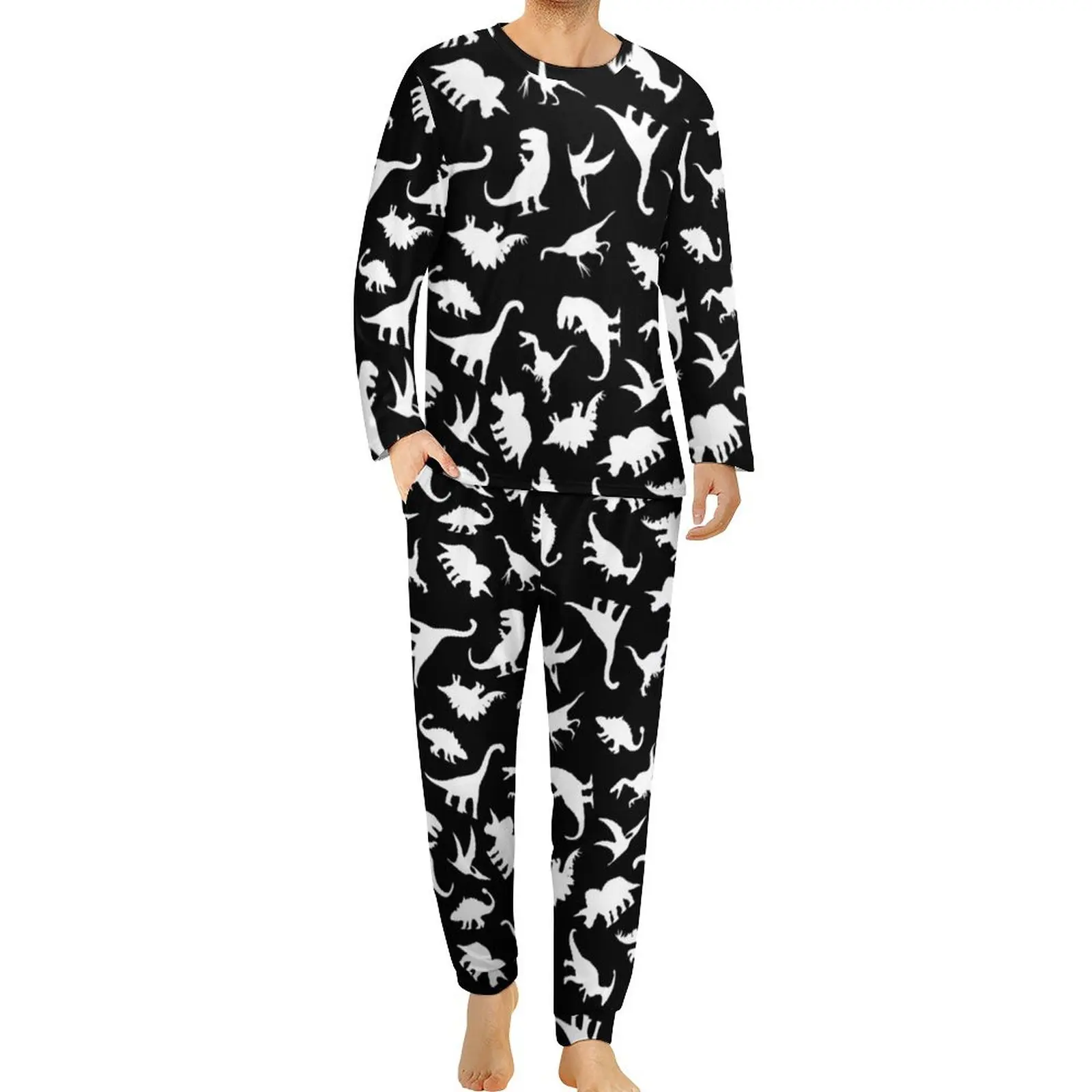 White Dinosaur Print Pajamas Long-Sleeve Funny Animal 2 Pieces Leisure Pajamas Set Spring Male Custom Cute Oversized Sleepwear