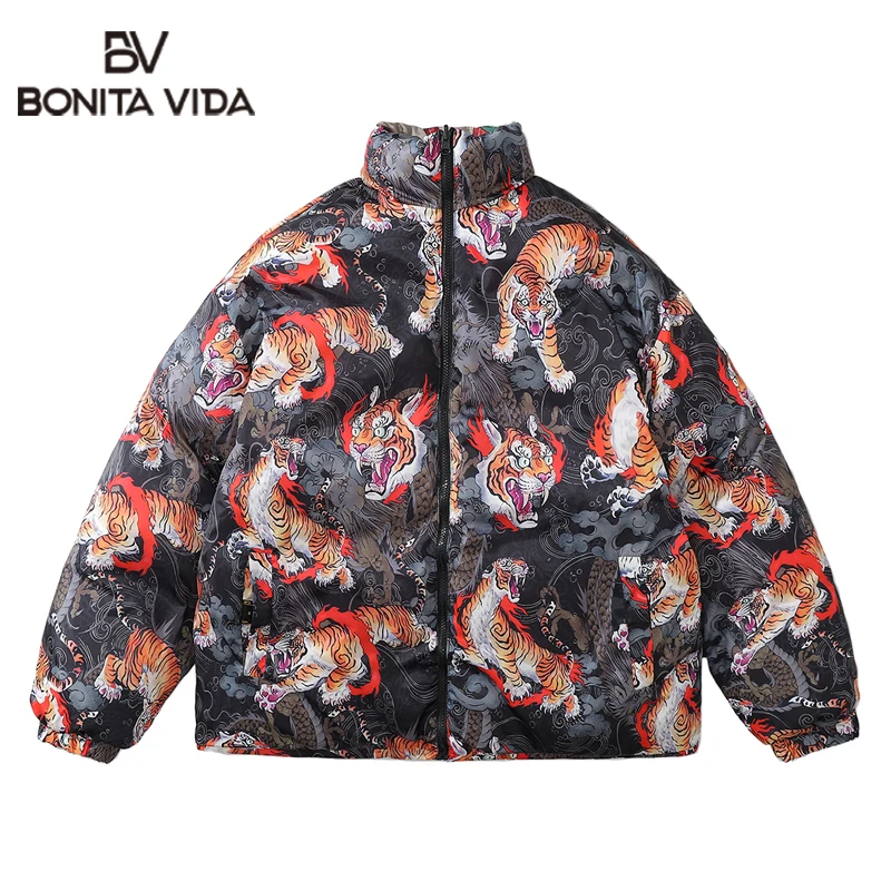 

Wear Both Sides Winter Jacket Parkas Y2K Streetwear Hip Hop Dragon Print Punk Thicken Warm Bubble Oversize Cotton Padded Coats