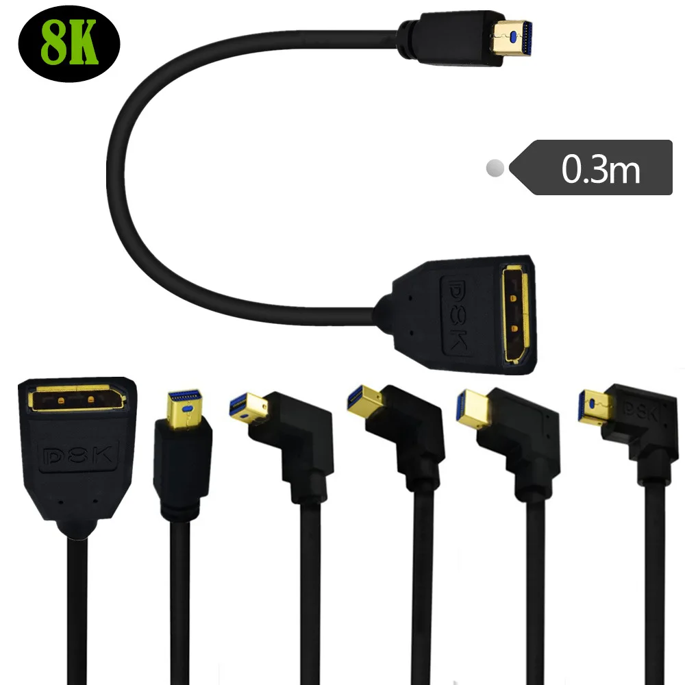 

8K HDR Gold-Plated Mini DisplayPort Male Up Down Left Right Elbow To Large DP Female Monitor Extension Cable Mini DP To DP 1ft