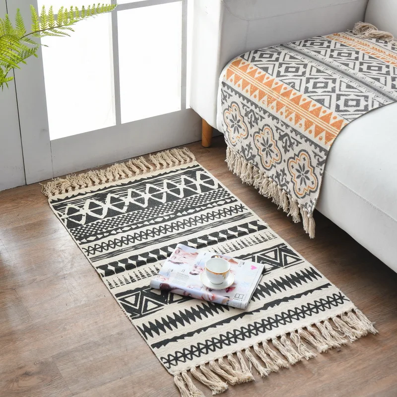 

Bohemian Ethnic Style Floor Mat Area Rug Cotton Tassel Bedroom Bedside Sofa Carpet Nonslip Home Decor Handmade Rectangle Pad