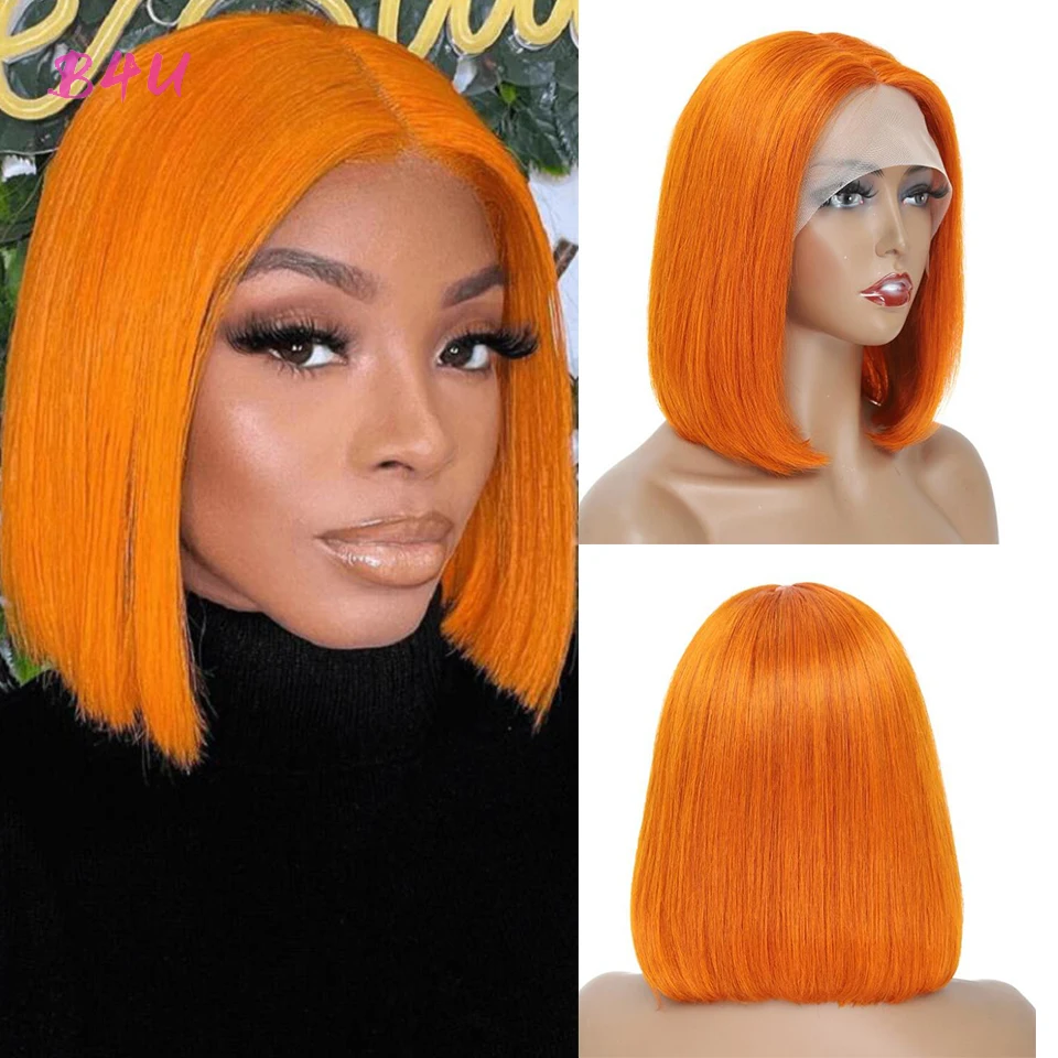 Short Bob Wig Colored Straight Human Hair Lace Front Wigs For Women Orange 613 Honey Blonde Brazilian T Part Lace Closure Wig