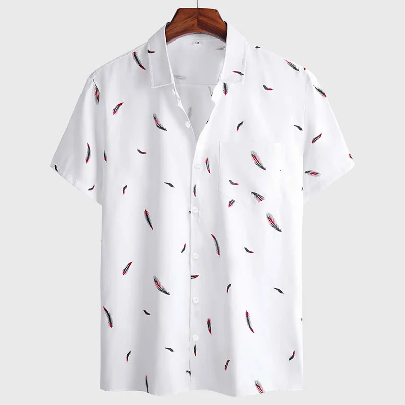 Camisa hawaiana con estampado de plumas Para Hombre, ropa de calle de manga corta, informal, Blanca, Para playa, de verano
