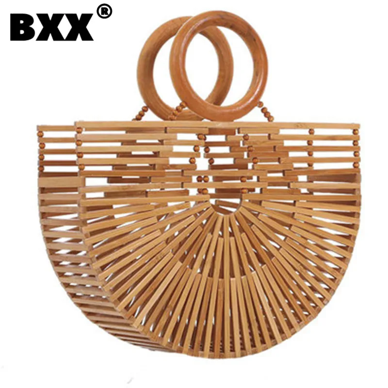 

[BXX] Women Vintage Wooden Handheld Bamboo Woven Bags Half Round Woven Bag Hollow Out Handbag Female 2023 New Fashion 8AB221