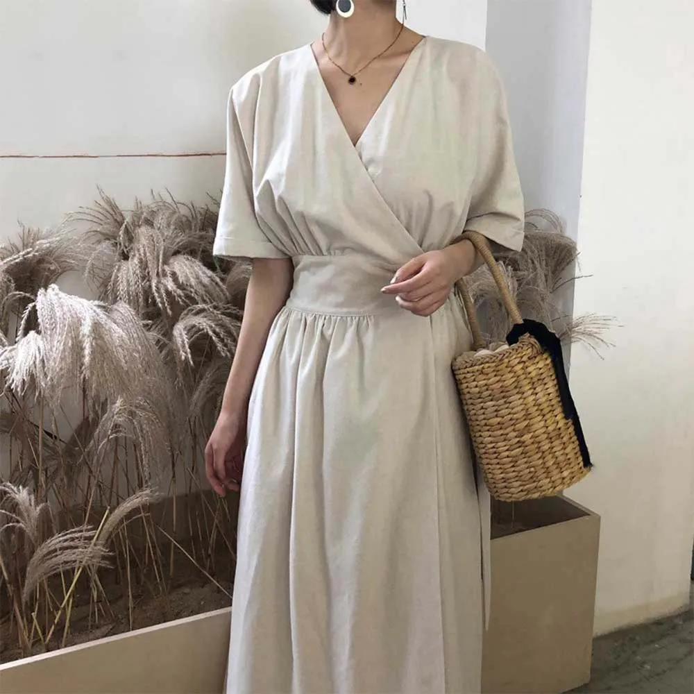 

Elegant Dress V-neck Cross Tie Waist Slim Short-sleeved Maxi Dress Solid Color Korea Japan Style Ladies Chic 2022 Summer New