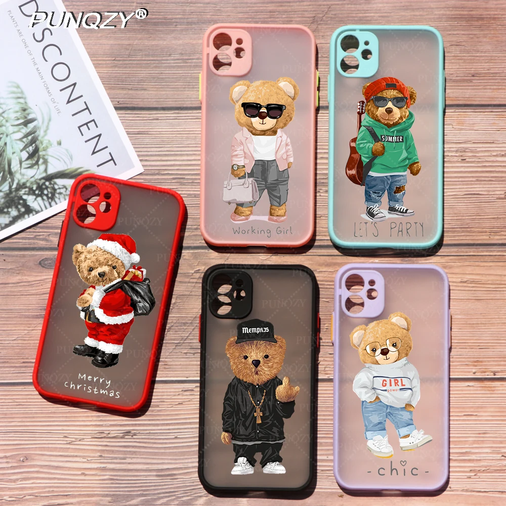 

PUNQZY Cute Sweet Bear All-Inclusive Silicone Phone Case For iphone 13 11 12 14 PRO MAX 7 8 Plus 11 XR XS Soft TPU Black Cover