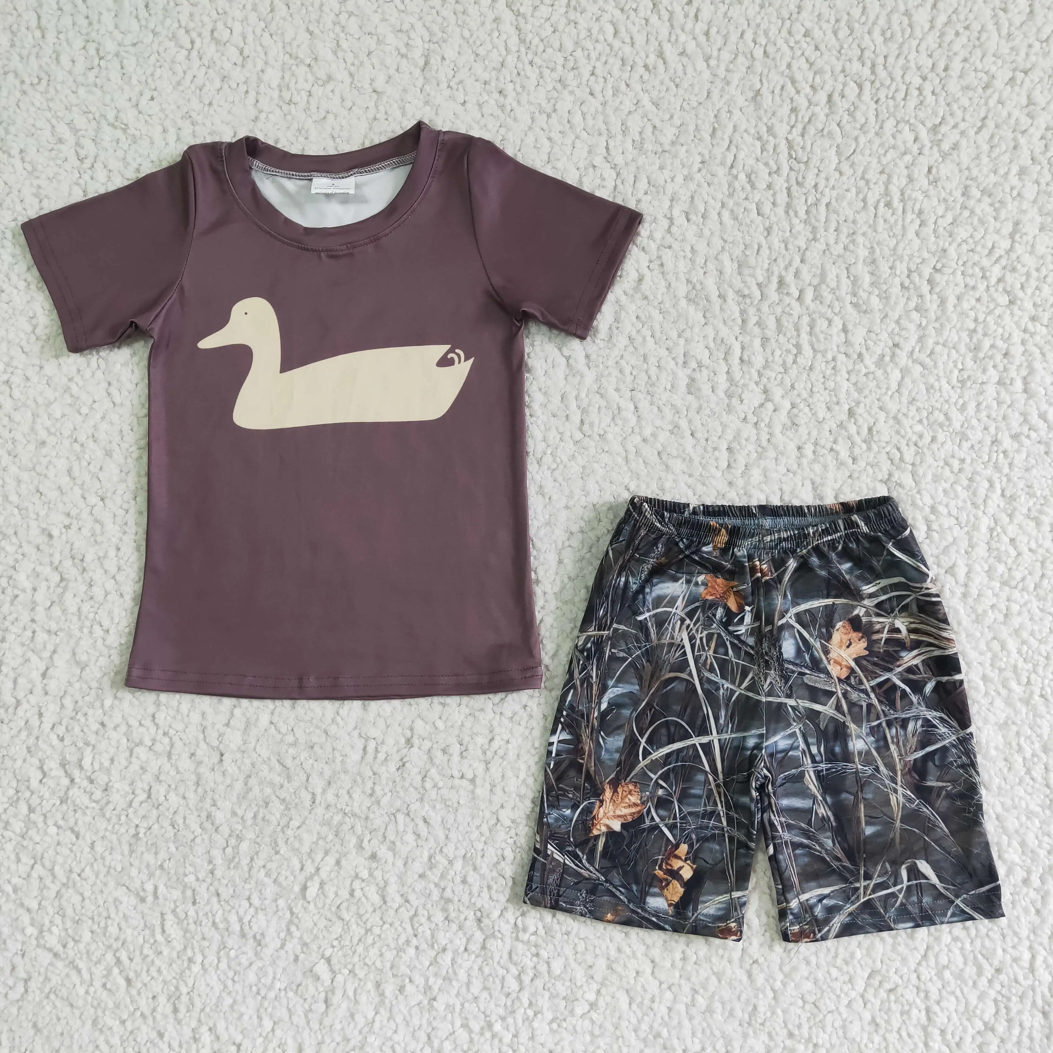 

Summer new clothes duck brown print boy's T-shirt top with boys shorts boutique boys clothing sets