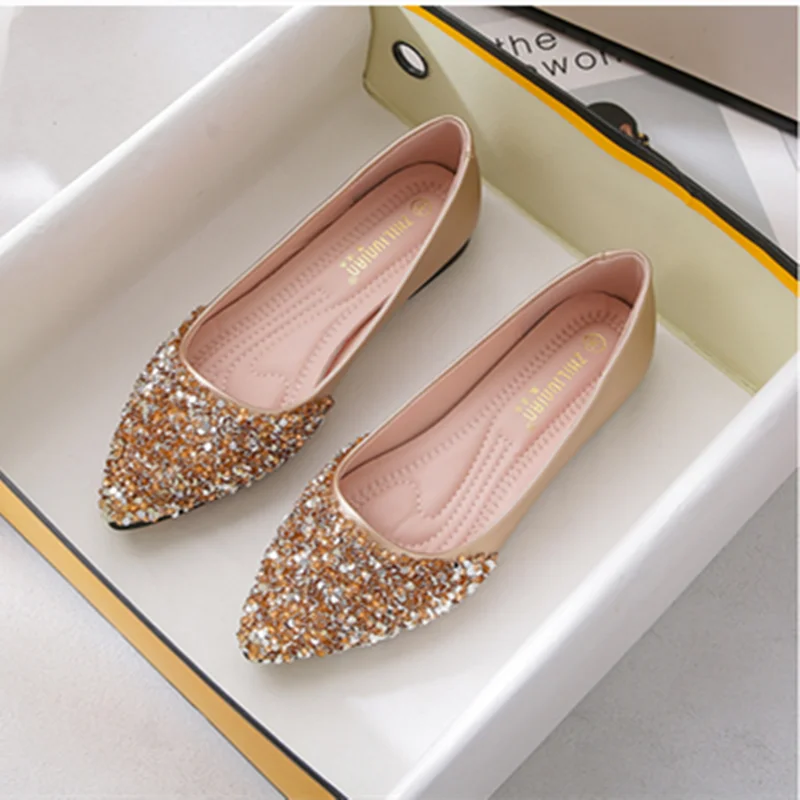 

Female Designer Brand Shoes Chausures Sequined Cloth Luxury Diamond Ballerinas Gold Silver Flats Round Toe Wide Feet Slip-Ons 43